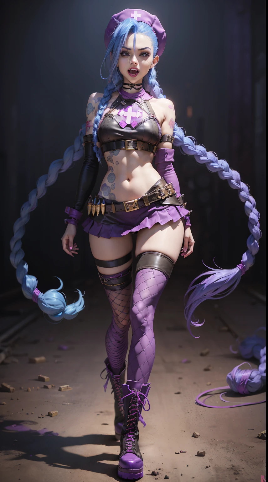 League of Legends ,Jinx nurse,nurse hat,nurse costume,Rose tattoo,big laughter,Twist braids,Runaway Lori,de cuerpo completo,(kneehigh boots)),purpleish color,(fishnet leggings),(standing on your feet),The background is dark and tough,There is a sense of danger and intensity。