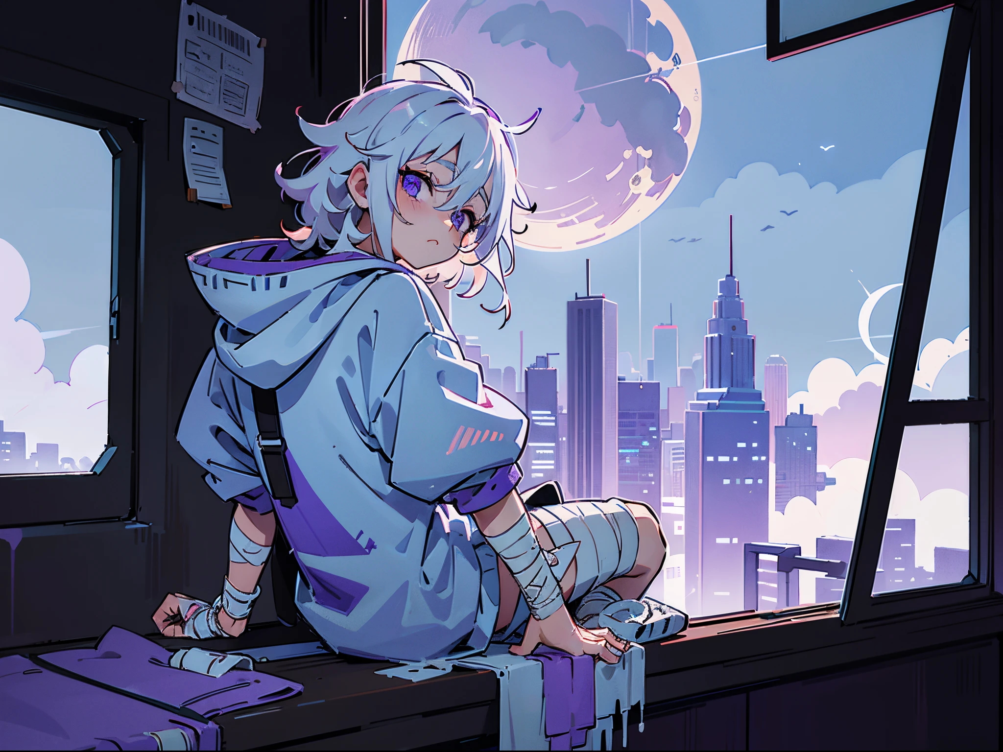 Libido boy,white cloud curly hair,bandage on arm,Bandages on the face,punk sweatshirt,Hooded,purpleeyes,Collapsed city in the distance,natta,themoon,The light from the back window is backlighted,Ethereal eyes,The stands up,Shoot from top to bottom,(white color hair)