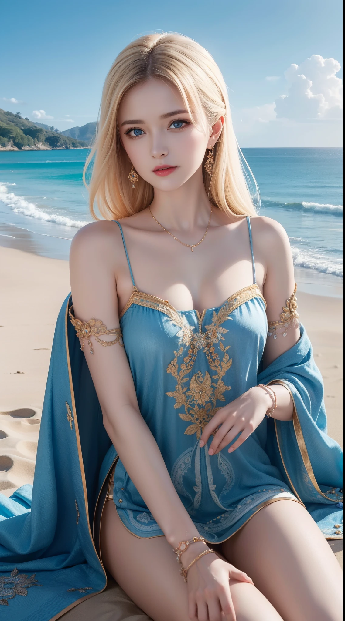 Witness the ultimate masterpiece of art with our AI platform – stunning 8k ultra HD renderings of a beautiful Pakistani woman adorned with intricate tattoos, Play on the beach with blonde hair and piercing blue eyes.