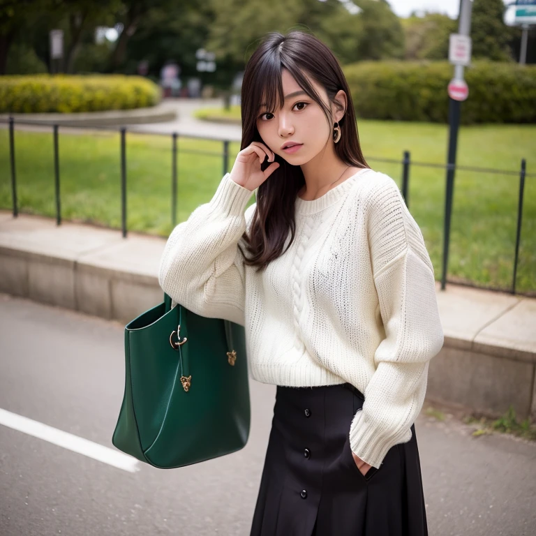 1womanl、20 years old、a park、Wearing a sweater、skirt by the、Shorthair、Photorealsitic、Yoshiko Akishino