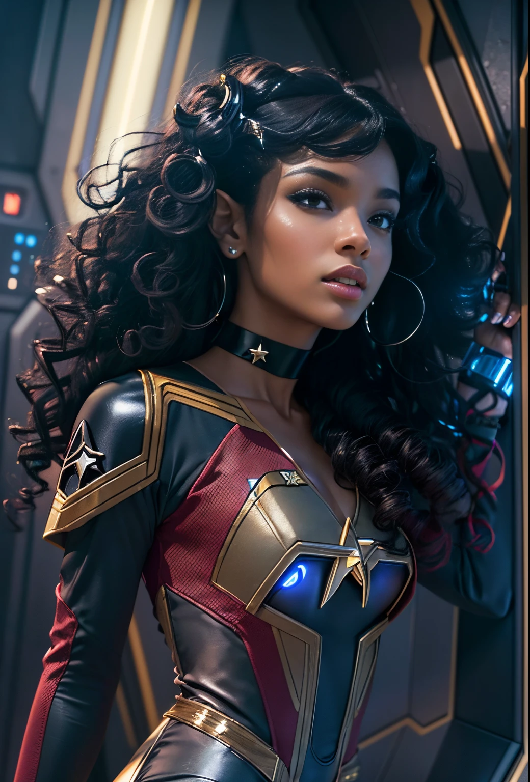 ((21-year-old))), exotic girl, (((light skin))), (((full body pose))), (((long curly black hair))), (((wearing Star trek uniform dress, pantyhose, and heels))), (((holding a phaser))), (((metal choker))), (((starship scene))), scifi fantasy, Rich, Deep Colours, (intricate details:0.9), (HDR, hyper-detailing:1.2), (natural skin textures, hyper realisitc, glistening skin, soft light, Sharp),