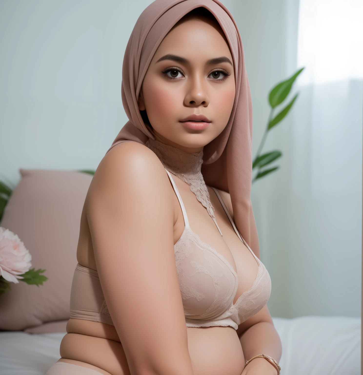 pregnant malay girl wearing hijab lying in hospital bed, wearing pastel blue underwear, bra and panties only, hospital ward background, spread leg open, RAW photo, best quality, masterpiece, high detail RAW color photo, malay girl, professional photograph, (realistic, photorealistic:1.37), (high detailed skin:1.2), high resolution, beautiful detailed eyes, dramatic lighting, cinematic lighting, back light, professional lighting, detailed skin texture, insane details, intricate details, accent lighting, soft volumetric light, bokeh, (dramatic light:1.2), (neutral colors:1.3), cross process,