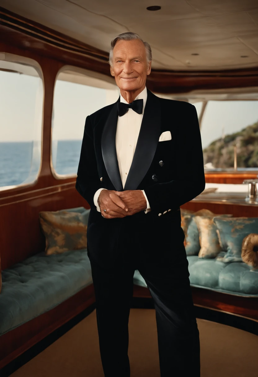 A photo of a luxurious yacht,original,Hugh Hefner, the founder of Playboy magazine, was known for his distinctive appearance: often clad in luxurious silk pajamas or a smoking jacket, paired with a sailor’s cap or a smoking pipe, projecting an image of casual opulence. He maintained a well-groomed look with his hair neatly combed back, and later in life, he was recognized by his mature, yet charming demeanor.