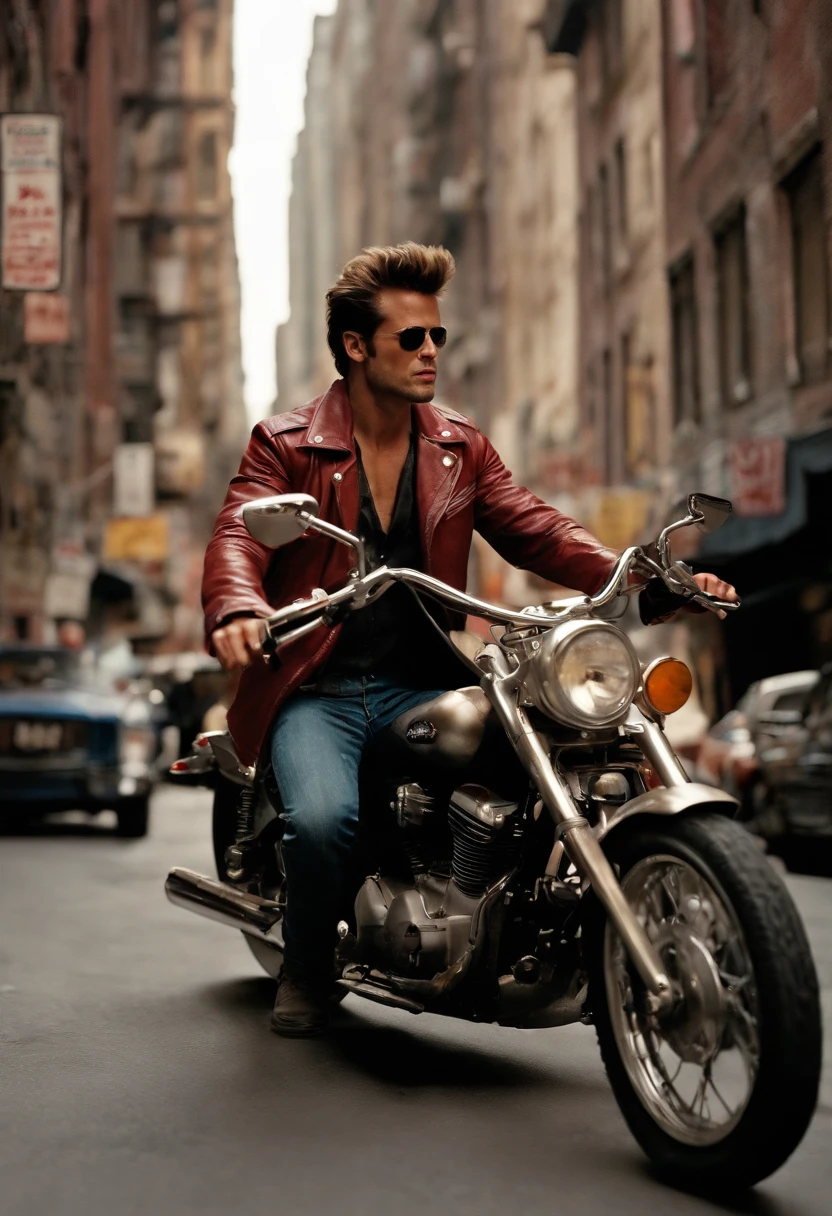 A photo of Tyler Durden riding a motorcycle through a deserted city street.,original,Visually, Tyler is depicted as the epitome of a certain rugged, careless coolness, with a chiseled physique, unkempt hair, and a devil-may-care attitude expressed through his disheveled yet somehow stylish clothing. He frequently sports a red leather jacket, flashy shirts, and a penchant for soap making, which serves as a metaphor for his ability to cleanse and rebuild the identities of his followers.
