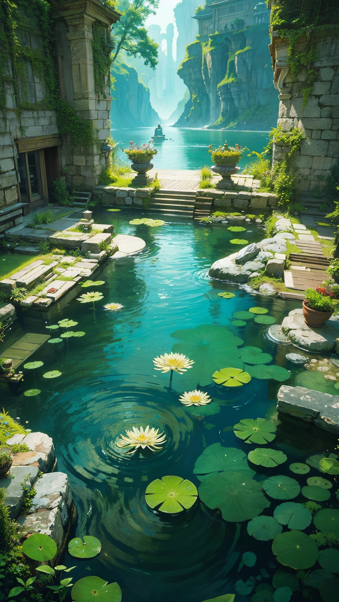 Realistic, 8k,at library、very extremely beautiful、Background with、opulent、Up composition,nature,illustration, original, extremely detailed wallpaper, window, scenery, plant, potted plant,river,fantasy,magic,stone,lamp,balcony,bookshelf,lily pad,Fountain,lake,ancient temple,magic,fantasy,cinematic,bridge,bridges,vine,underwater,coral