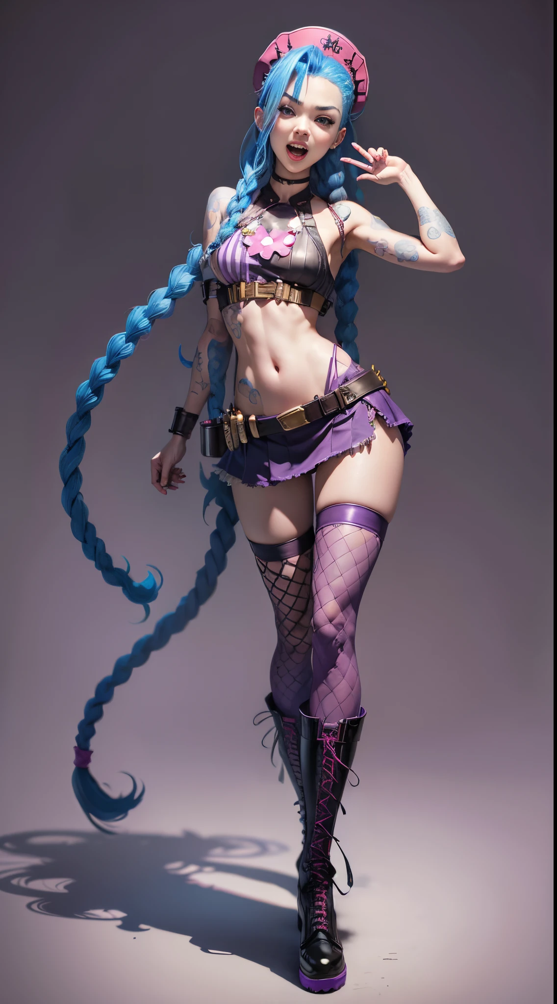 Jinx nurse,nurse hat,white colors,(nurse costume),Rose tattoo,big laughter,Blue twist braid,With a huge needle,The needle stands taller than a person。Runaway Lori,League of Legends ,de cuerpo completo,(kneehigh boots)),purpleish color,(fishnet leggings),(standing on your feet),The background is dark and tough,There is a sense of danger and intensity。