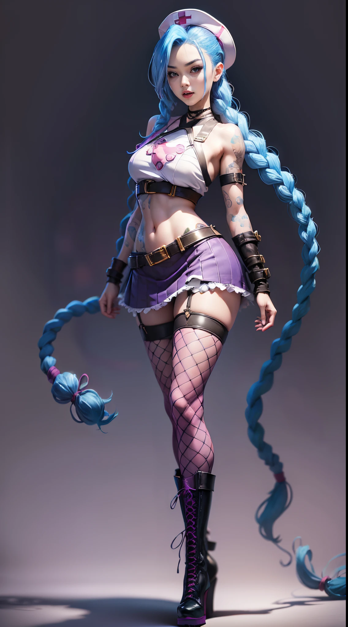 Jinx nurse，nurse hat，(White nurse costume)，Rose tattoo，big laughter，Blue twist braid，With a huge needle，The needle stands taller than a person。Runaway Lori，League of Legends ，de cuerpo completo，(kneehigh boots)),purpleish color，(fishnet leggings),(standing on your feet)，The background is dark and tough，There is a sense of danger and intensity。