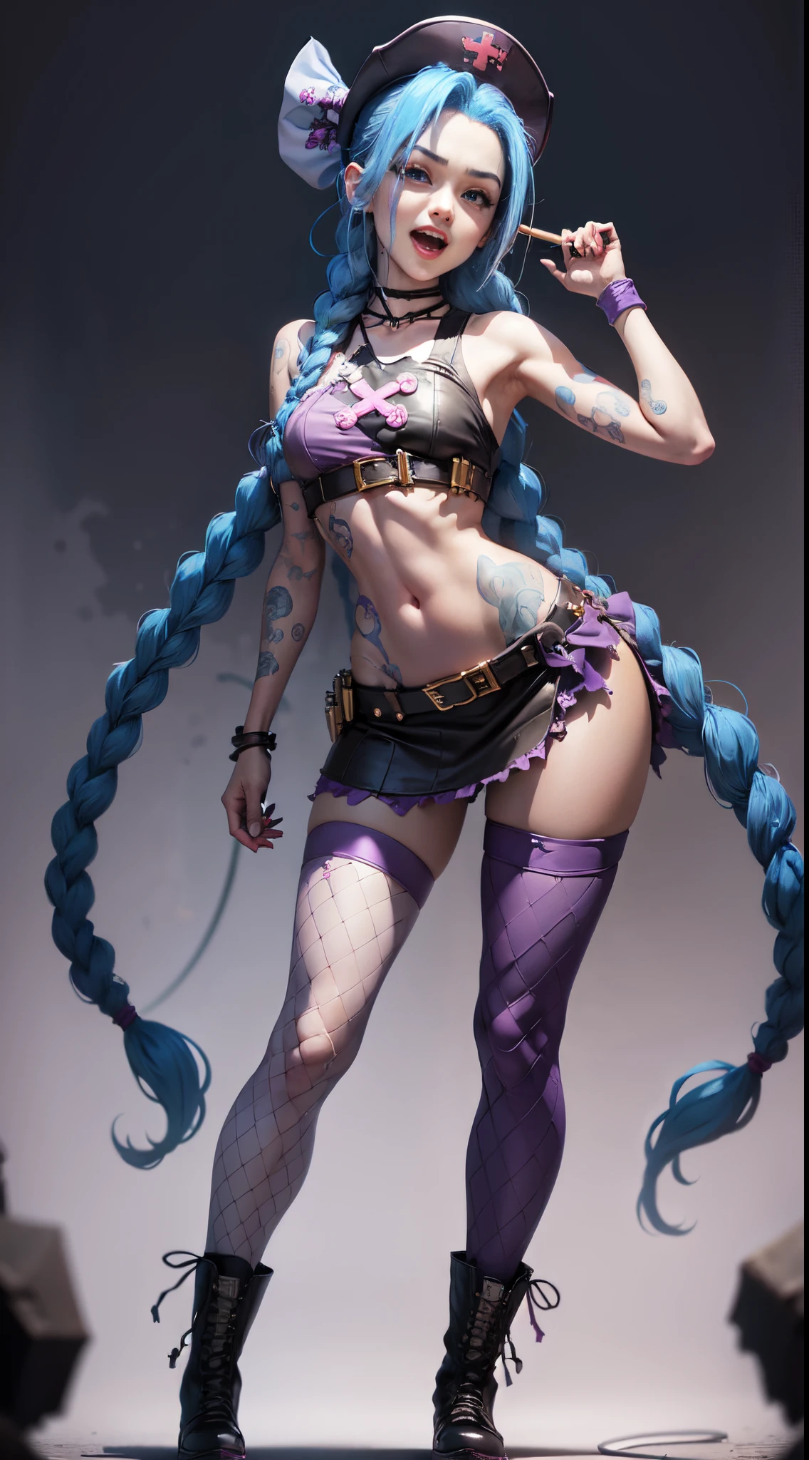 Jinx nurse，nurse hat，(White nurse costume)，Rose tattoo，big laughter，Blue twist braid，With a huge needle，The needle stands taller than a person。Runaway Lori，League of Legends ，de cuerpo completo，(kneehigh boots)),purpleish color，(fishnet leggings),(standing on your feet)，The background is dark and tough，There is a sense of danger and intensity。