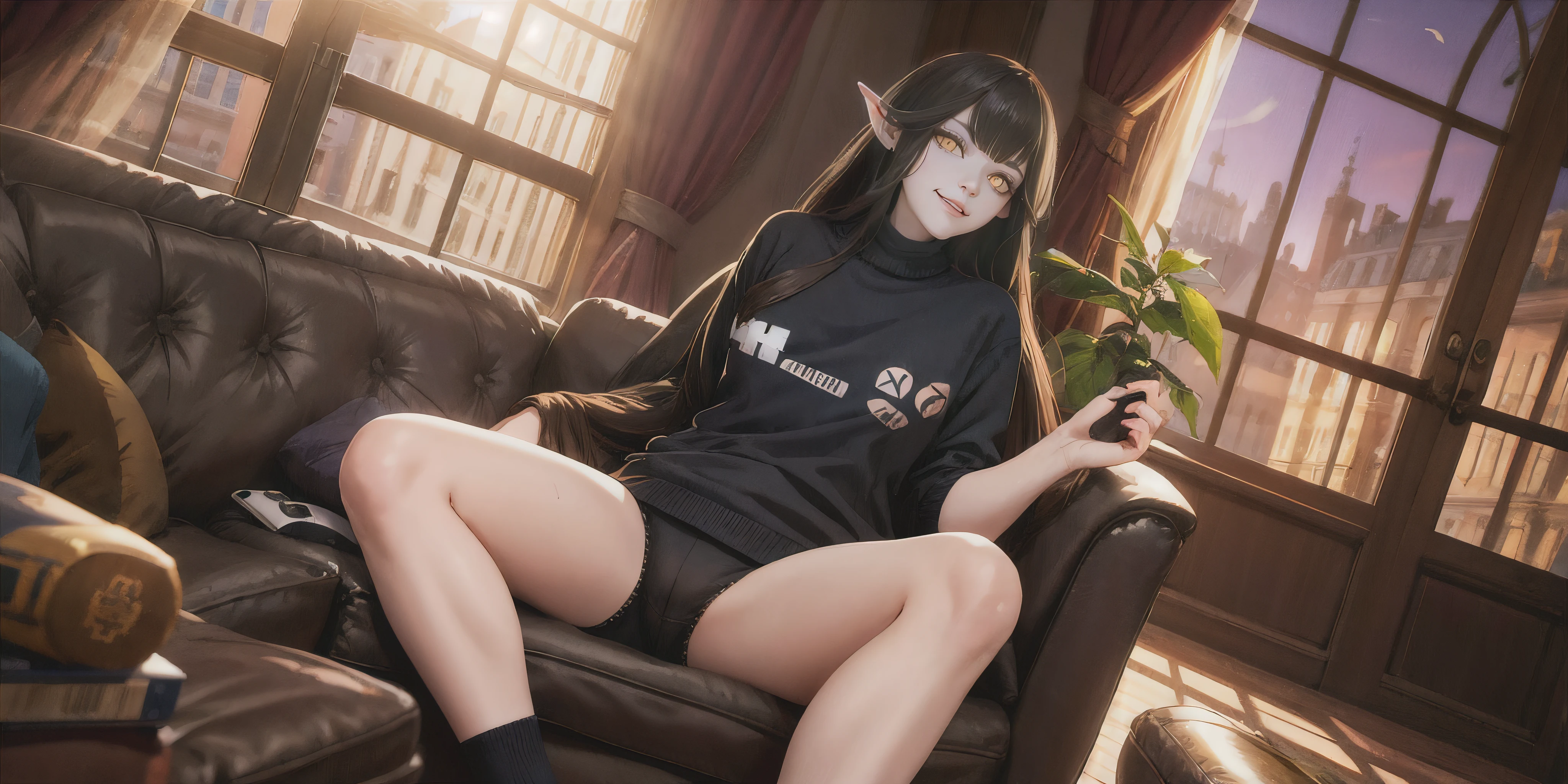 (shaded face:1.2), hollow eyes, yellow eyes, looking at viewer, heavy breathing, smirk, uppert teeth, long_hair, pointy_ears, yellow_eyes, black_hair, very_long_hair, game controller print, black shirt, black sweater, sitting, spread legs, sofa, livingroom, "Photorealistic, Hyperrealistic, Hyperdetailed, analog style, soft lighting, subsurface scattering, realistic, heavy shadow, masterpiece, best quality, ultra realistic, 8k, golden ratio, Intricate, High Detail, film photography, soft focus"