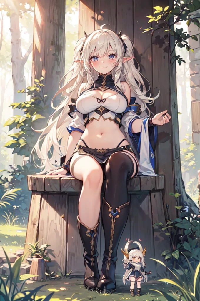fantasy, nature, grass, forest, (height_difference:1.4), (giantess:1.4), (2girls:1.4), a girl at the feet of a giantess, from below, below view, a giantess looking down at a girl, a giantess looming over a girl, a nature forest wall, (wooden wall: 1.4), giantess elfgirl, big breasts, navel, boots, smug, angry, blushing, looking down, (rear_end:1.4), sitting, huge (breasts:1.2), cleavage, shiny skin, bare skin,
long hair, (Masterpiece), (Best Definition Animated Illustration), (Super Definition), knight, armor, shoulder plates,