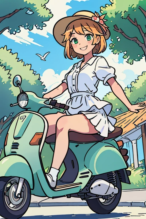 (masterpiece:1.2, best quality), (highly detailed:1.3), perfect anime illustration of 27yo girl in floral dress, brimmed hat, upskirt, wind, (white panties), on a scooter, mediterranean towm, green trees, smile, summer, warm, bright,