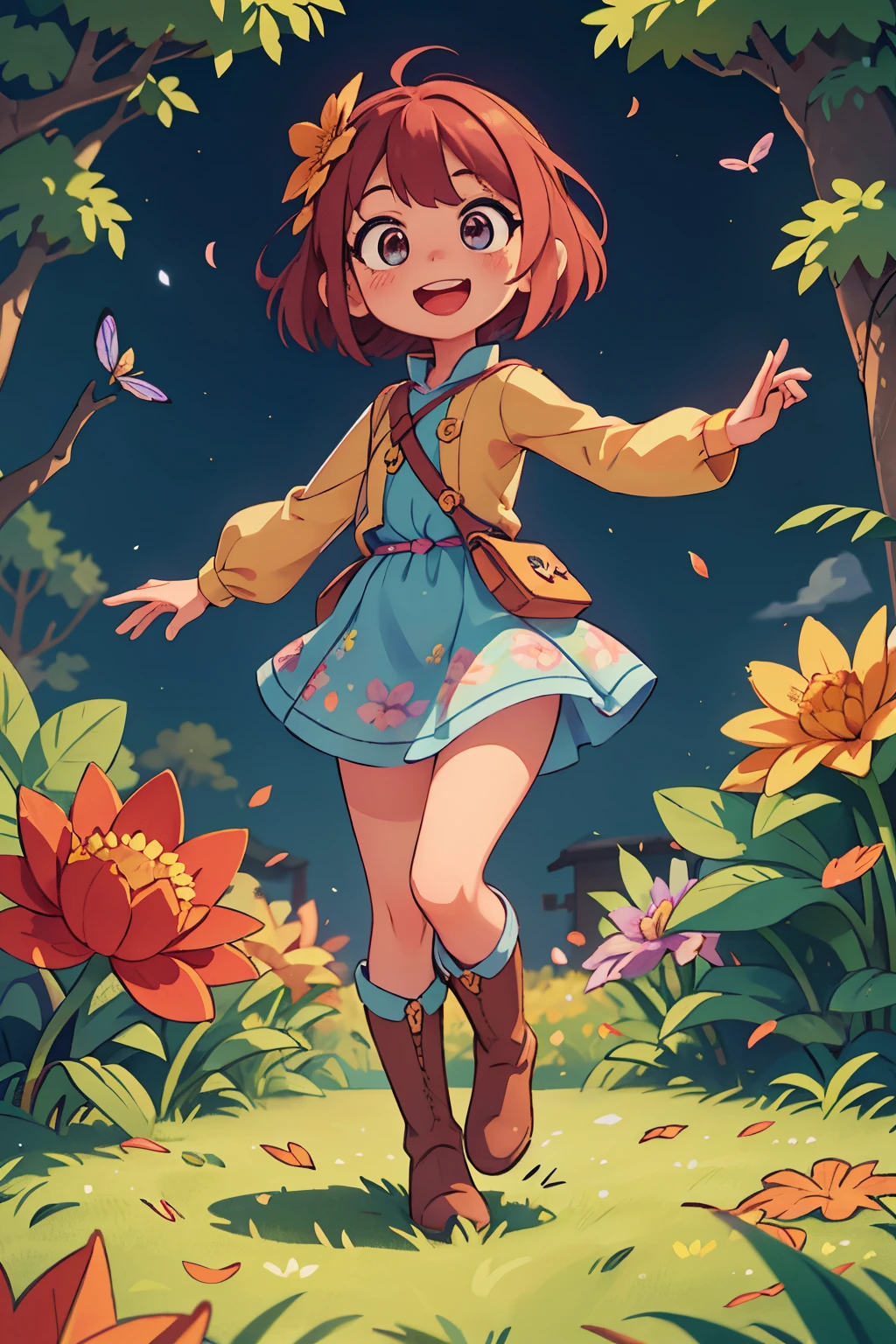 Stand in front of the photo、1girl in,Full body,a short bob,long boots,Open mouth and big smile、kawaii pose、Flowing iridescent silk、up of face、Eye Up、Colorcon with heart pattern、Floral dress、There are flowers even in front of you、flower petals、Fallen leaves and dragonflies、season!!:autumnal☀ 🍂