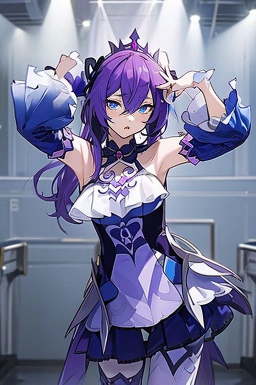 long hair, mole under mouth, purple hair, half twintails, hair between eyes, cyan eyes, sharp teeth, ahoge, expressionless, :o, cowboy shot, fischl_genshin, 1girl, tiara,bare shoulders, detached sleeves, (fischl's short dress), standing,looking at viewer, ((upper body))