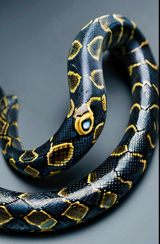 a close up of a snake on a black surface with a black background, mixed with snake, snake body, snake body. many large, snake, snake art, snakes, snake human hybrid, snake is surrounding them, blue and yellow pythons intwined, coiled realistic serpents, python, highly detailed snakes, an amalgamation of a snake