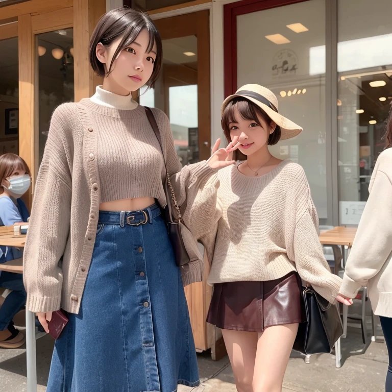 1womanl、20yr old、cafes、Wearing a sweater、skirt by the、Shorthair、Photorealsitic、Yoshiko Akishino