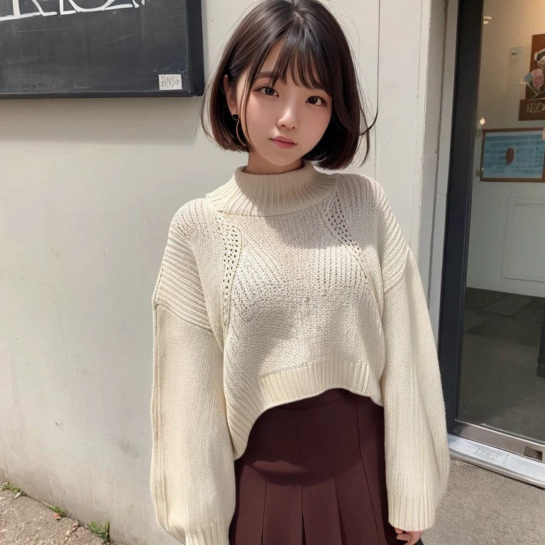 the Extremely Detailed CG Unity 8K Wallpapers、top-quality、ultra-detailliert、masterpiece、realisitic、Photo Real、Very detailed cute lady、20yr old、((skirt lift by yourself)))、(Lifted by yourself)、White lace panties、panties focus、red blush、cparted lips、looking at the viewers、Semi-body shot、(Large crowds)、(Crowded museums)、Short bob cut、Facing the front、Beautiful skins、student clothes