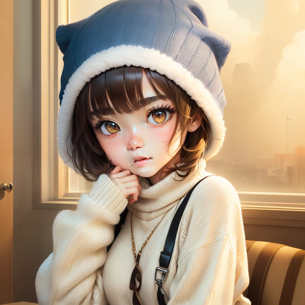 Loli, anime style, big brown eyes, short straight brown hair, cute, white sweater