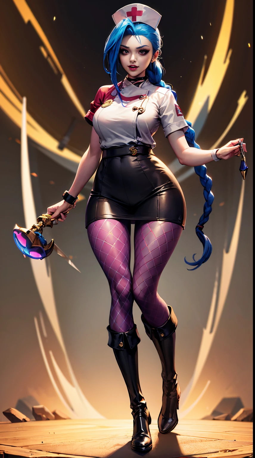 Jinx nurse,nurse hat,(White nurse costume),Rose tattoo,big laughter,Blue twist braid,With a huge needle,The needle stands taller than a person。Runaway Lori,League of Legends ,de cuerpo completo,(kneehigh boots)),purpleish color,(fishnet leggings),(standing on your feet),The background is dark and tough,There is a sense of danger and intensity。