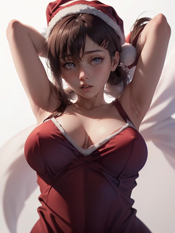 (master piece: 1.1), (kobeni), (sfw), 1girl, solo, detailed brown eyes, (bright, highlighted purple eyes), very detailed face, (christmas costume), red christmas dress, ((wearing santa hat)), detailed santa hat, arms out of the vision, 2clips on hair, (she is scared), ((simple white background)), looking at viewer