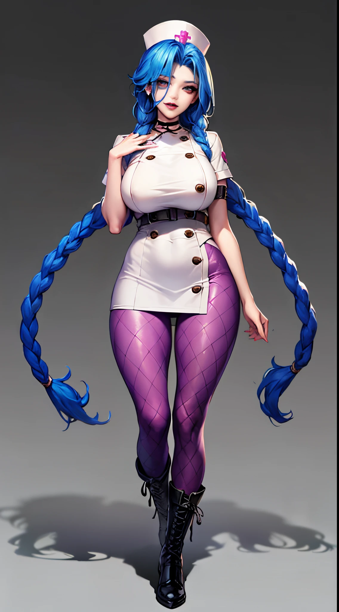 Jinx nurse，nurse hat，(White nurse costume)，Rose tattoo，big laughter，Blue twist braid，With a huge needle，The needle stands taller than a person。Runaway Lori，League of Legends ，de cuerpo completo，(kneehigh boots)),purpleish color，(fishnet leggings),(standing on your feet)，The background is dark and tough，There is a sense of danger and intensity。