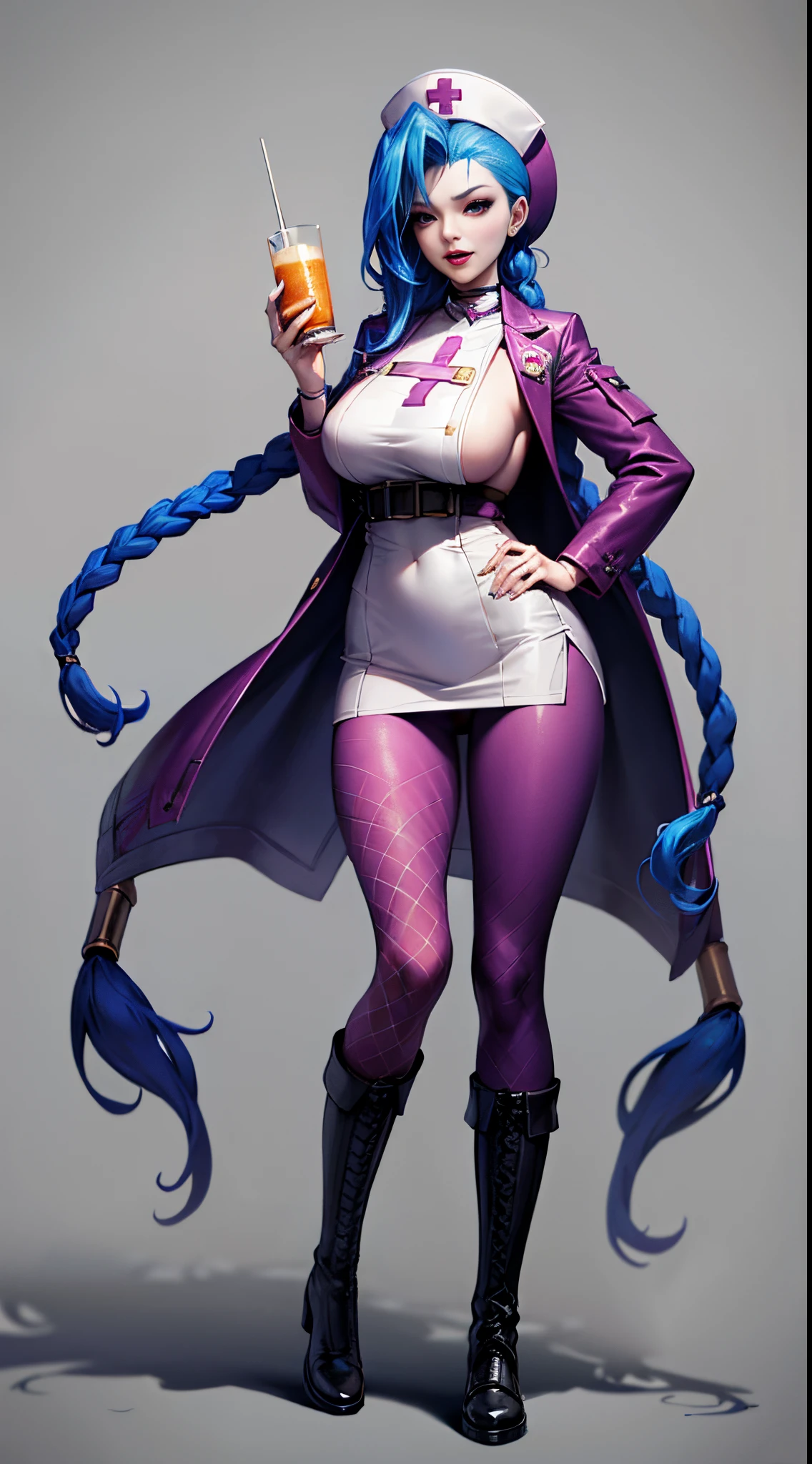 Jinx nurse,nurse hat,(White nurse costume),Rose tattoo,big laughter,Blue twist braid,With a huge needle,The needle stands taller than a person。Runaway Lori,League of Legends ,de cuerpo completo,(kneehigh boots)),purpleish color,(fishnet leggings),(standing on your feet),The background is dark and tough,There is a sense of danger and intensity。