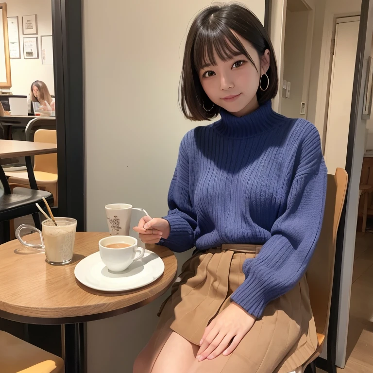 1womanl、20yr old、cafes、Table seating、Wearing a sweater、skirt by the、Shorthair、Photorealsitic、Yoshiko Akishino