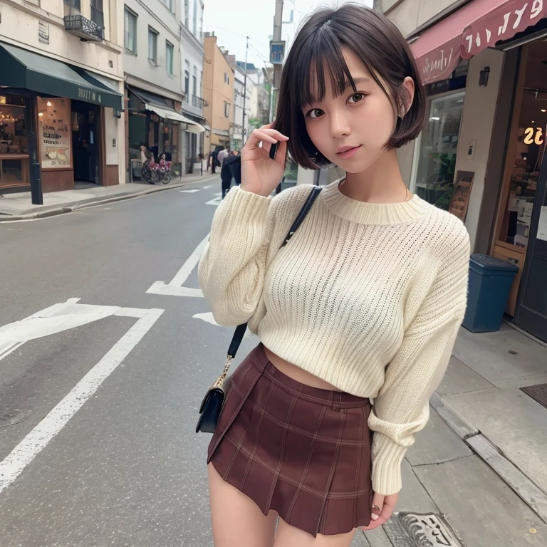 1womanl、20yr old、cafes、Table seating、Wearing a sweater、skirt by the、Shorthair、Photorealsitic、Yoshiko Akishino