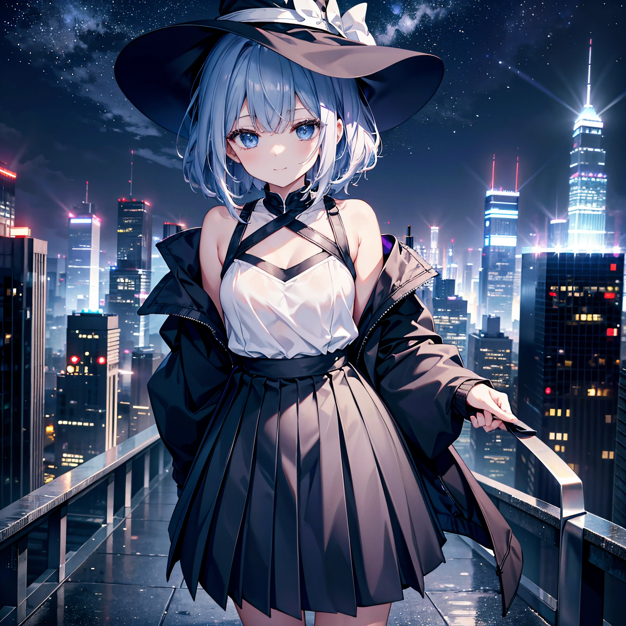 This is the rooftop of a skyscraper in Tokyo.、It&#39;s late at night now.、You can see the night view of many low buildings in the background.、Small moon and starry sky、You can see the beautiful sea with the moonlight reflecting in the distance.、Photograph her from an angle of 45 degrees above、One 27-year-old woman with small breasts、adult lady、Older sister、She wears a large black witch hat with sapphire accessories、Medium short silver hair with a purple mesh and a loose lob.、He is looking at me with a cool face and confused eyes.、Blue eyes with highlights、She is wearing a long black coat over a white t-shirt、White camisole、White bra、White bath towel、Black pleated skirt、Black sneakers with white shoelaces、she is a sniper、she carries a sniper rifle on her back、small tits、discreet breasts、full-shot、hiquality、high détails、high-level image quality、4K picture quality、beautiful background late night、Rooftop of an urban building、Sniper Woman、White medium short hair lob hair with light pink mesh、blue eyes、Black long coat、White T-shirt、a black skirt、Cool face、Sapphire Necklace、cool lady、carrying a sniper rifle、high-level image quality、High Quality、hight resolution、2 million pixels、Two-dimensional illustration、Japan Anime、,drawn by Japanese ilastrator