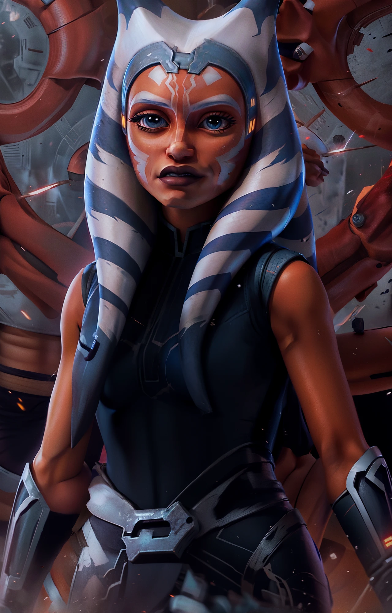 A closeup of a person wearing a Star Wars mask, Ahsoka Tano, Retrato de Ahsoka Tano, sendo informado sobre as guerras de clones, Personagem de Star Wars, Jedi Feminino, Guerra dos Clones de Star Wars, Ariana Grande em Star Wars, From the Phantom Menace, vestindo vestes jedi e um sari, Rei, imagem do avatar, Clone Wars