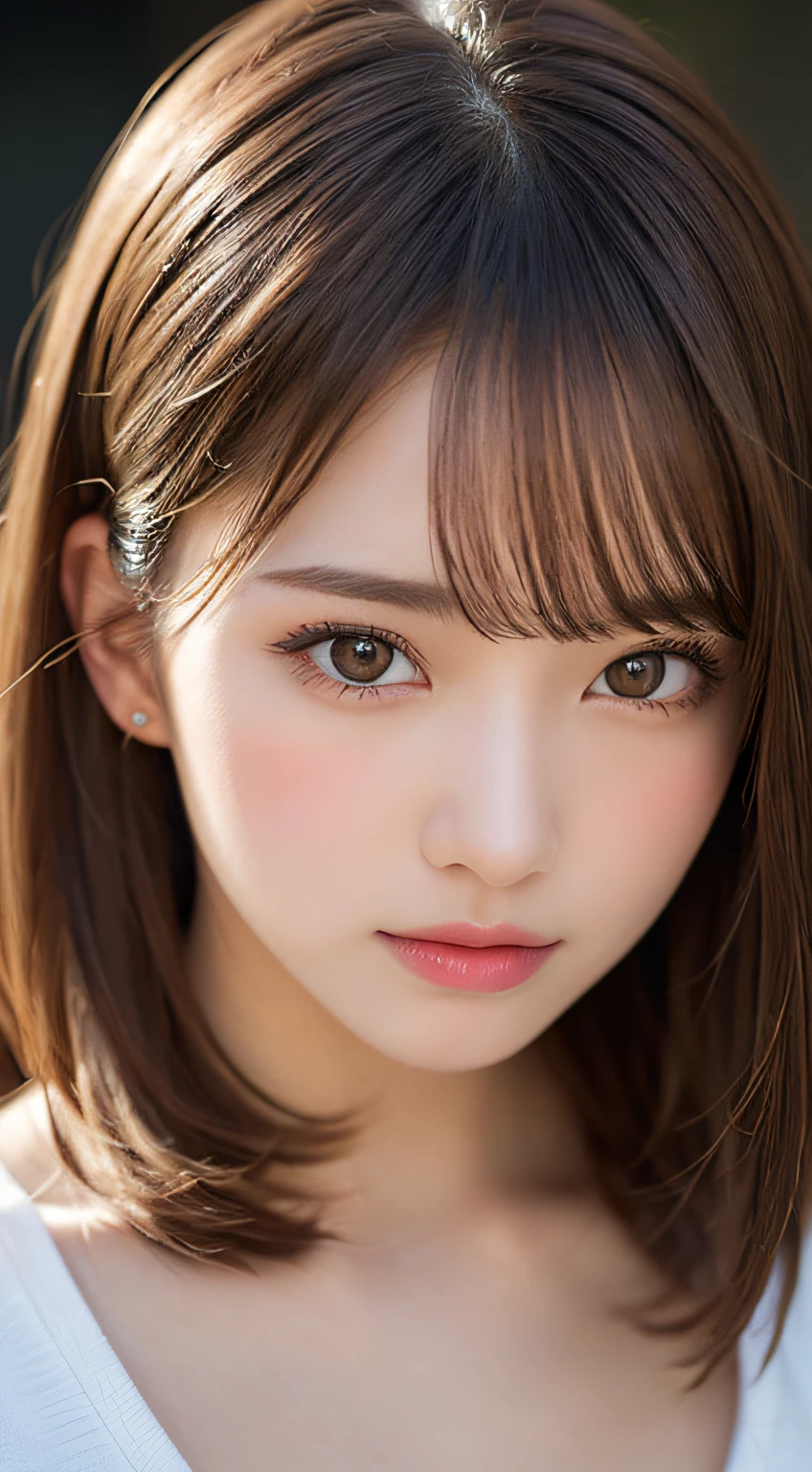 finely detail, hight resolution, hightquality、Perfect dynamic composition, Beautiful detailed eyes, Medium Hair,Natural Color Lip,Kamimei、Shibuya、20 years girl、1 persons、Transparent skin、Glowing hair、masutepiece, Best Quality, Illustration, Ultra-detailed, finely detail, hight resolution, 8K、The correct state of the human body、randome pose、Gravure Model Pose，Hair soaring in the wind、Underwear,length hair,Big Tits，gigantic cleavage breasts, Bold sexy poses,Colossal tits、up of face