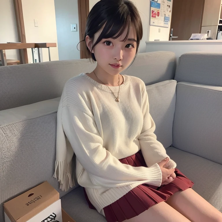 1womanl、20yr old、cafes、Table seating、Wearing a sweater、skirt by the、Shorthair、Photorealsitic、Yoshiko Akishino