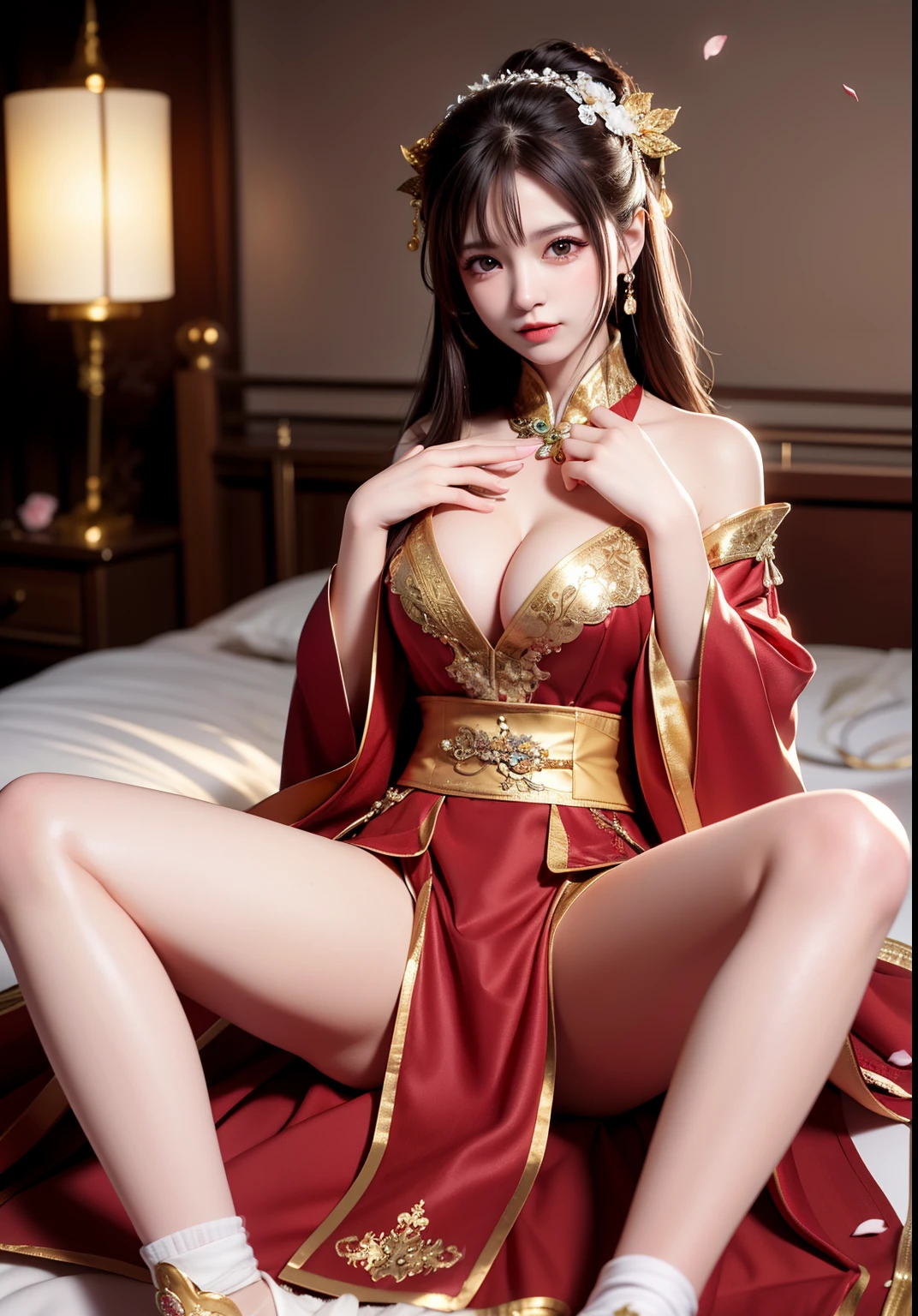 best quality, masterpiece, highres, (exquisite body:1.5),gorgeous face,(milky skin:1.3),intricate details,high resolution,wallpaper,
1girl, solo, dress, hair ornament, (((gold and red dress))), flowers, long hair, brown hair, closed mouth, jewelry, long sleeves, hand up, wide sleeves, big eyes,floating hair, chinese clothes, hanfu, embroidery, long skirt, natural pose, falling petals, indoor,fanning, lantern,
16K,HDR,highres,depth field,(film grain:1.1),boken,golden hour,(lens flare),vignette,rainbowing,(color grading:1.5)

((fullnude)), (Spread legs:1.3), see legs,  slender leg, sleep in bed, bird eyes view