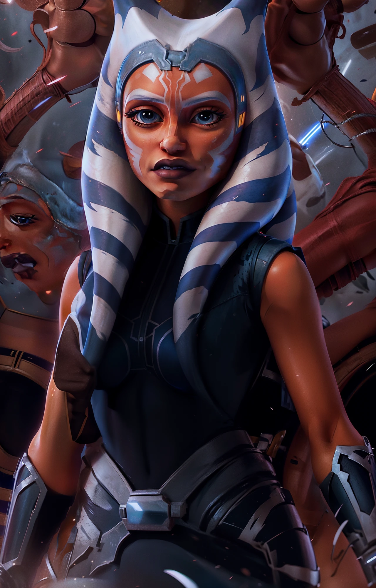 A closeup of a person wearing a Star Wars mask, Ahsoka Tano, Retrato de Ahsoka Tano, sendo informado sobre as guerras de clones, Personagem de Star Wars, Jedi Feminino, Guerra dos Clones de Star Wars, Ariana Grande em Star Wars, From the Phantom Menace, vestindo vestes jedi e um sari, Rei, imagem do avatar, Clone Wars