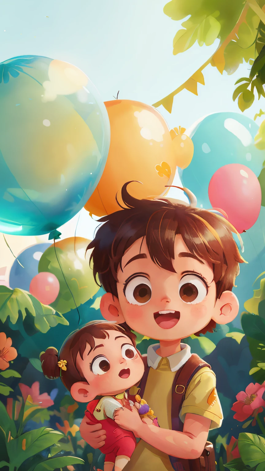 A boy and  sister, zoo, many balloons, happy, happy, perfect quality, clear focus (clutter - home: 0.8), (masterpiece: 1.2) (realistic: 1.2) (bokeh) (best quality) (detailed skin: 1.3) (intricate details) (8K) (detail eyes) (sharp focus), (happy)