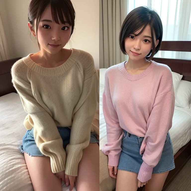 1womanl、20yr old、hotel、a bed、Wearing a sweater、skirt by the、Shorthair、Photorealsitic、Yoshiko Akishino
