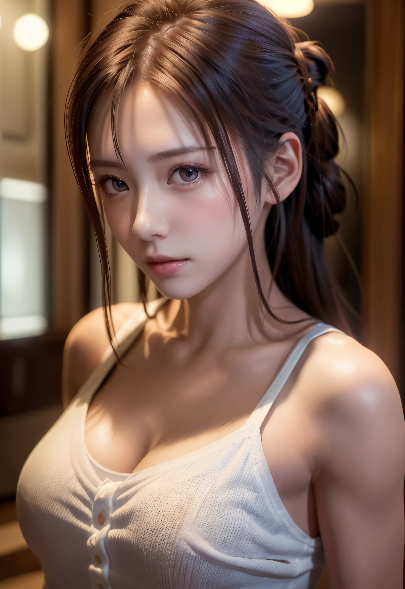 8K, of the highest quality, masutepiece:1.2), (Realistic, Photorealsitic:1.37), of the highest quality, masutepiece, Beautiful young woman, Pensive expression, Gentle eyes, sexy camisole、Hair tied back, Messy mood, Cinematic background,  Light skin tone