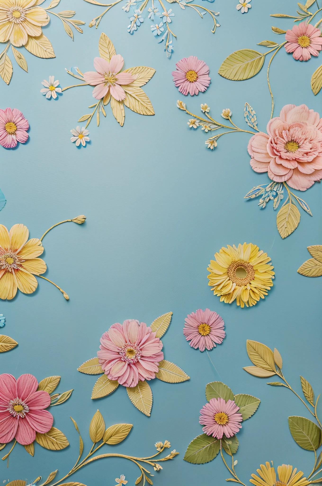 There are many blue flowers., The middle is pink and yellow., patches of flowers, Wealthy floral pattern, flower pattern,repeat pattern, pastel flower power, flower motive, Stained flowers, flower wallpaper