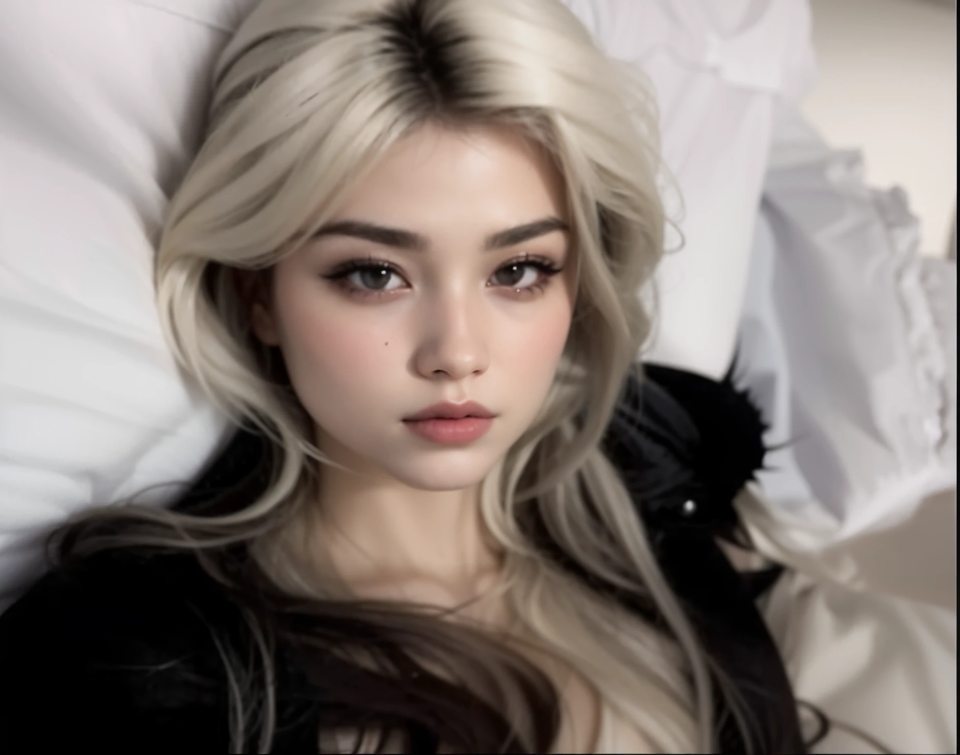 Blonde woman with long hair lying on bed with white sheets, her hair is white, menina perfeita de cabelos brancos, ava max, com cabelos longos brancos, Tifa Lockhart com cabelos brancos, com longos cabelos brancos, whitebangscabelo negro, cabelos brancos rosto bonito, cruel korean goth girl, 18 anos, imagem vazada, her face looks like an orchid