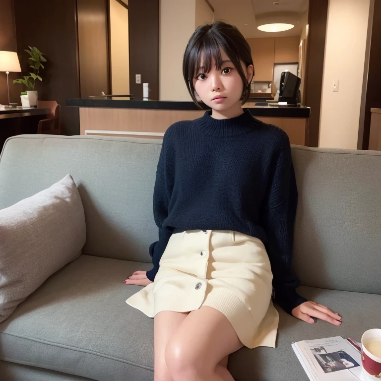 best qualtiy, tmasterpiece, 超高分辨率, (realisticlying:1.4), RAW photogr, 1girl, beautiful japanese woman,35yo,Femme and moving, Beautiful skins, brunette color hair:1.7, gakki, (short detailed hair:1.5)), 30 age old, Happy laughter:1.2, Housewear ,blackstockings,Sit Pose,toyko