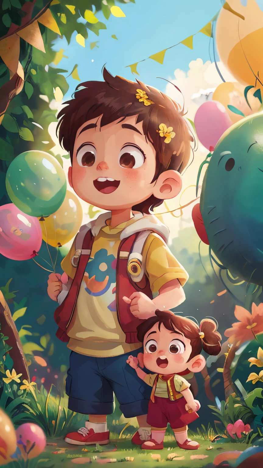 A boy and little sister, zoo, many balloons, happy, happy, perfect quality, clear focus (clutter - home: 0.8), (masterpiece: 1.2) (realistic: 1.2) (bokeh) (best quality) (detailed skin: 1.3) (intricate details) (8K) (detail eyes) (sharp focus), (happy)