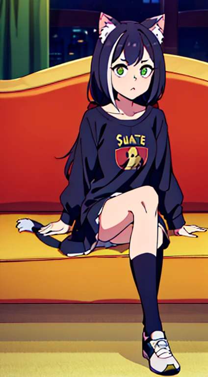 - Olhos Vermelhos,camisa preta escrita Isaque,blusa branca,orelha de gato,Saia Curta,meia, sneaker,4k,8k,Fofa,Sitting on a sofa, watching TV, a little dark, at night.