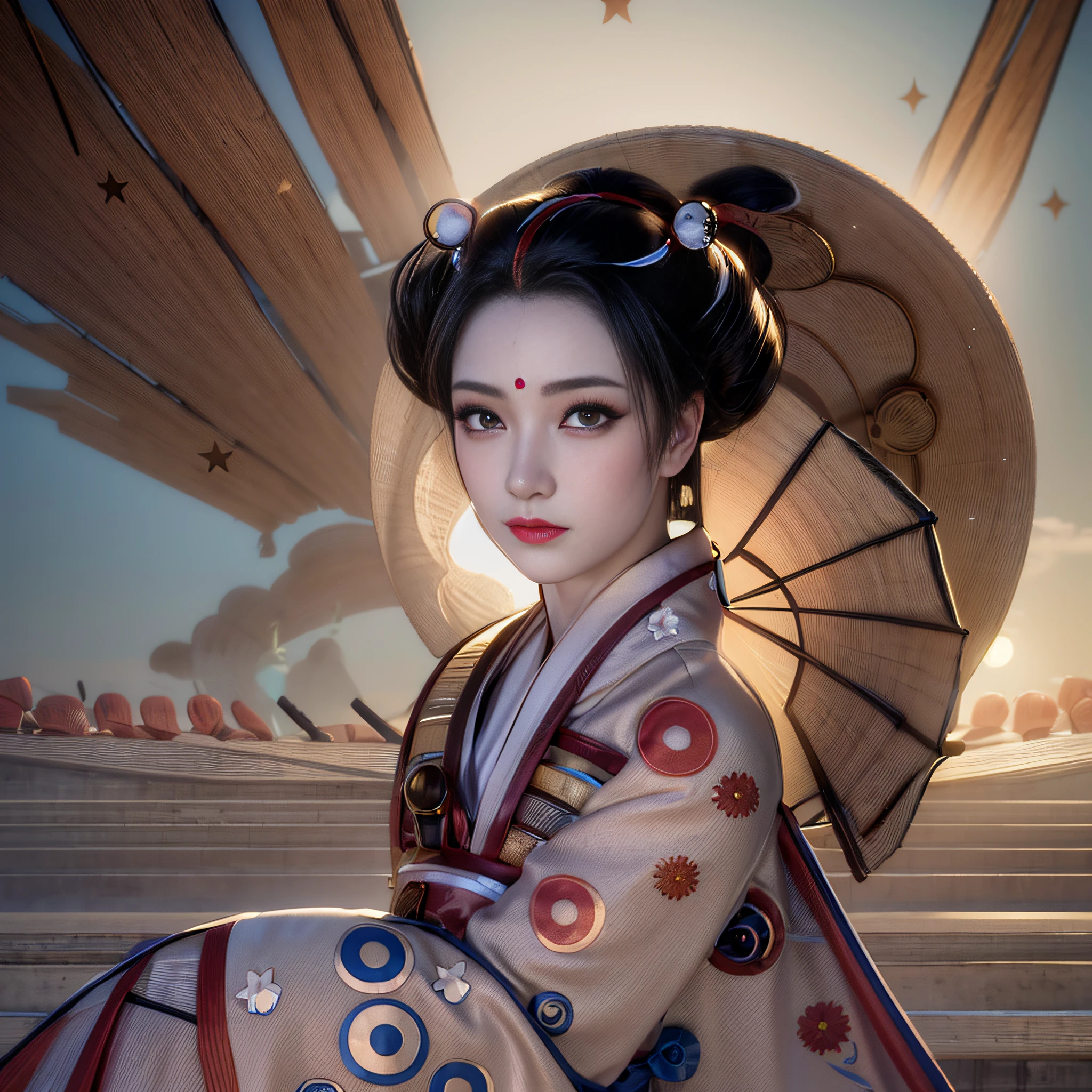 There is a geisha, with full lips, beautiful eyes, large and firm breasts, wearing a blue kimono with embroidered flowers, posing, and a giant moon behind her shines, in digital realistic illustration style, Geisha portrait, Beauty Geisha, geisha cute, Japanese geisha, Realistic portrait of a beautiful geisha, a beautiful realistic art, realistic female geisha girl, inspired by stunning realistic art (Woman with (Textures!, hair!, shine, Color!!, imperfections: 1.1), highly detailed glowing eyes, (looking at camera), specular lighting, DSLR, Ultra Quality, sharp focus, Sharp tacho, DOF, filmic grain , (Center), Fujifilm XT3, Crystal clear, center of frame, beautiful face, sharp focus, Intricate eye detail.