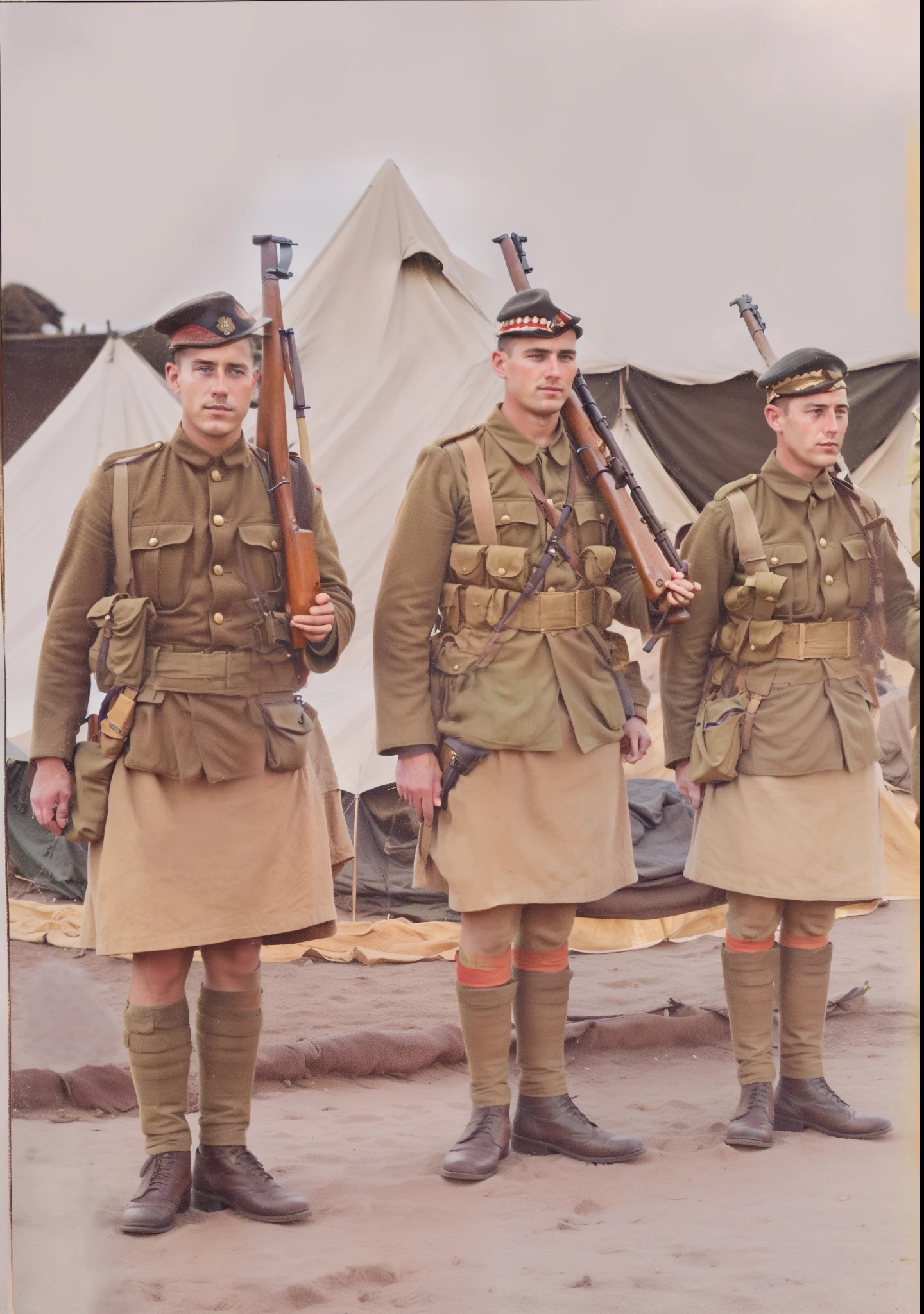 three men in military uniforms stand in front of a tent, colourised, colourized, several soldiers, ww1 photo, soldiers, colorized photograph, taken on a ww 1 camera, ww 1, ww1, coloured photo, infantry, 1916, 1 9 1 6, in full military garb, colorized photo, ww1 film photo
