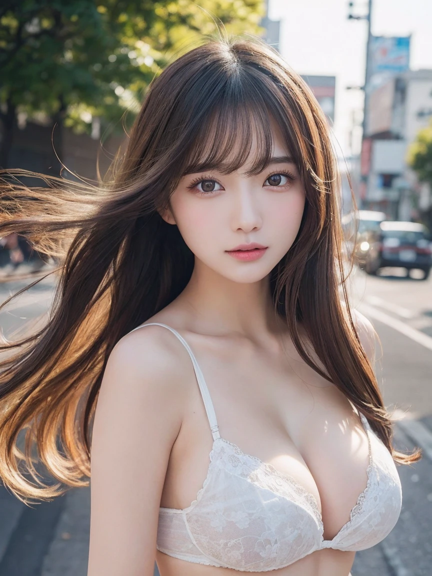finely detail, hight resolution, hightquality、Perfect dynamic composition, Beautiful detailed eyes, Medium Hair,Natural Color Lip,Kamimei、Shibuya、20 years girl、1 persons、Transparent skin、Glowing hair、masutepiece, Best Quality, Illustration, Ultra-detailed, finely detail, hight resolution, 8K、The correct state of the human body、randome pose、Gravure Model Pose,Hair soaring in the wind、Underwear,length hair,Big Tits,gigantic cleavage breasts, Bold sexy poses,Colossal tits、up of face
