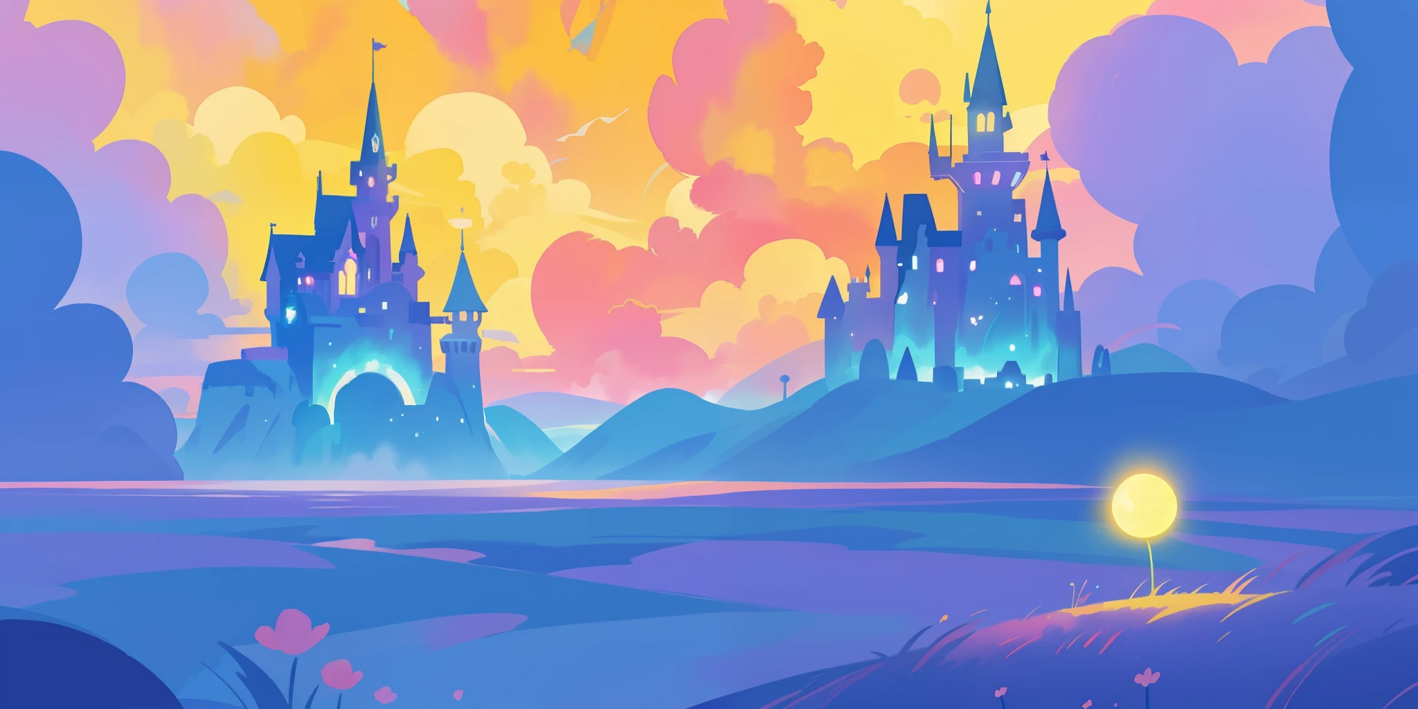 beautiful fantasy landscape, vibrant colors, (((otherworldly landscape))), whimsical landscape, cloud castle, huge clouds, ocean of clouds, watercolor illustration, disney art style, glowing lights, beautiful digital illustration, fantasia otherworldly landscape plants flowers, beautiful, masterpiece, best quality, anime disney style
