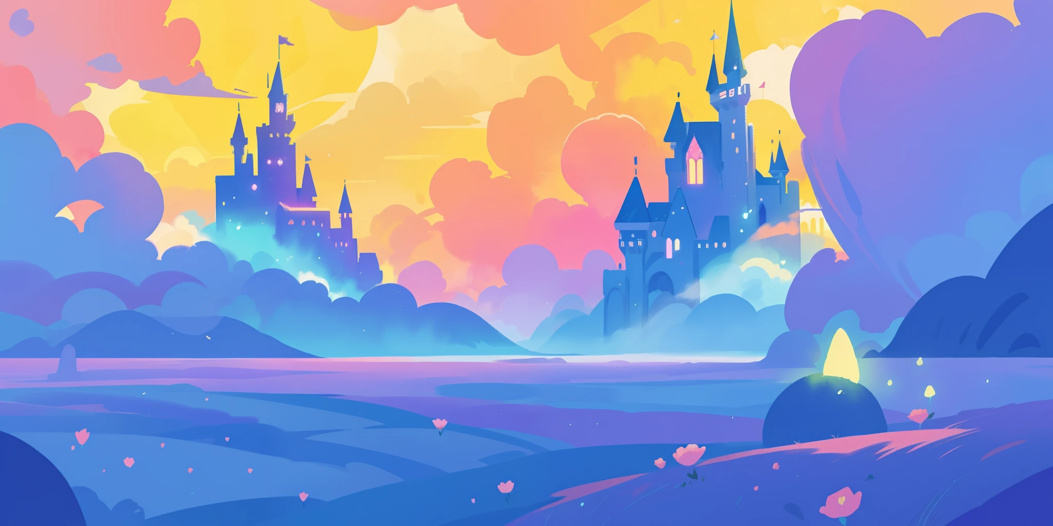 beautiful fantasy landscape, vibrant colors, (((otherworldly landscape))), whimsical landscape, cloud castle, huge clouds, ocean of clouds, watercolor illustration, disney art style, glowing lights, beautiful digital illustration, fantasia otherworldly landscape plants flowers, beautiful, masterpiece, best quality, anime disney style