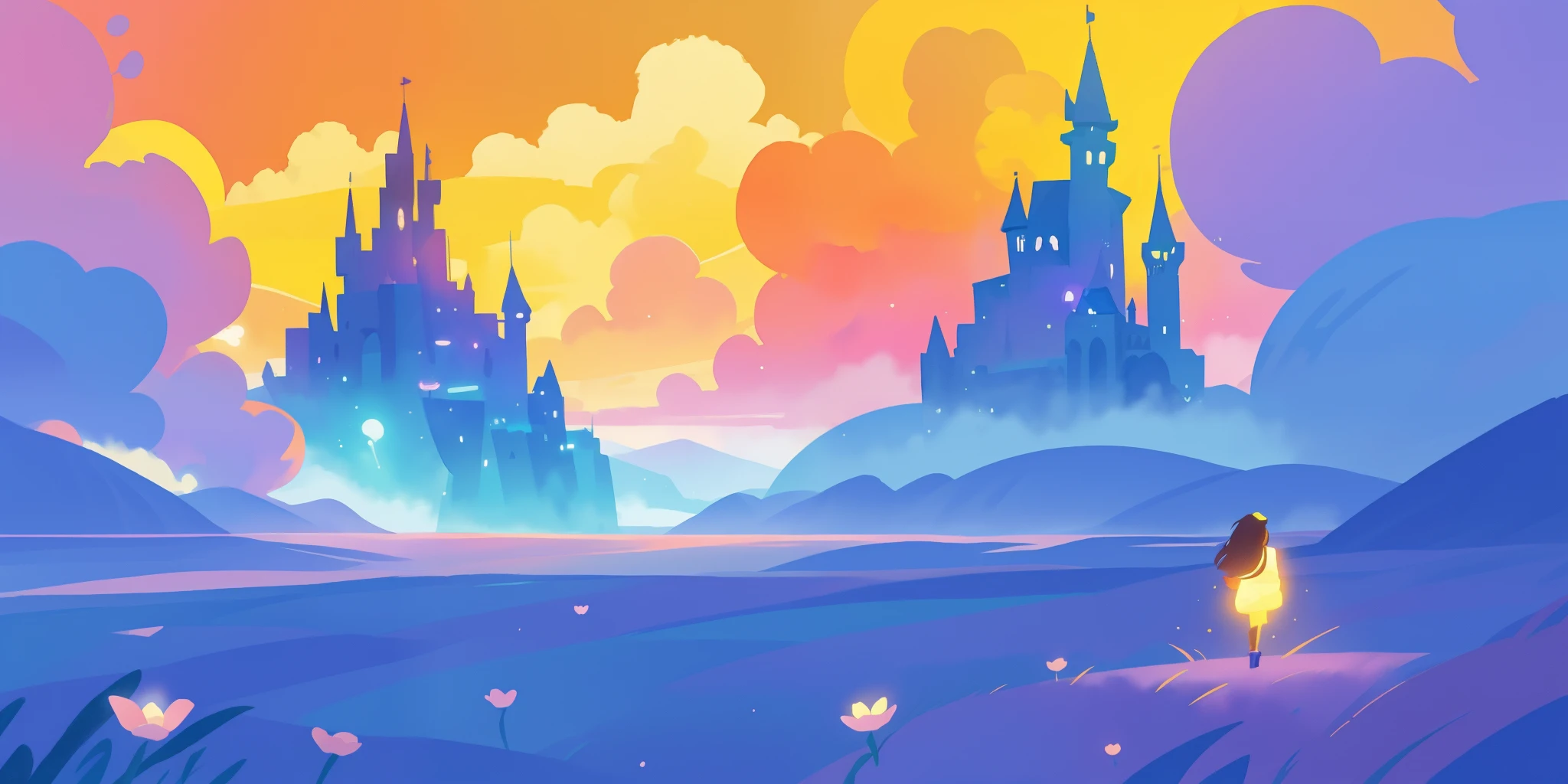 beautiful fantasy landscape, vibrant colors, (((otherworldly landscape))), whimsical landscape, cloud castle, huge clouds, ocean of clouds, watercolor illustration, disney art style, glowing lights, beautiful digital illustration, fantasia otherworldly landscape plants flowers, beautiful, masterpiece, best quality, anime disney style