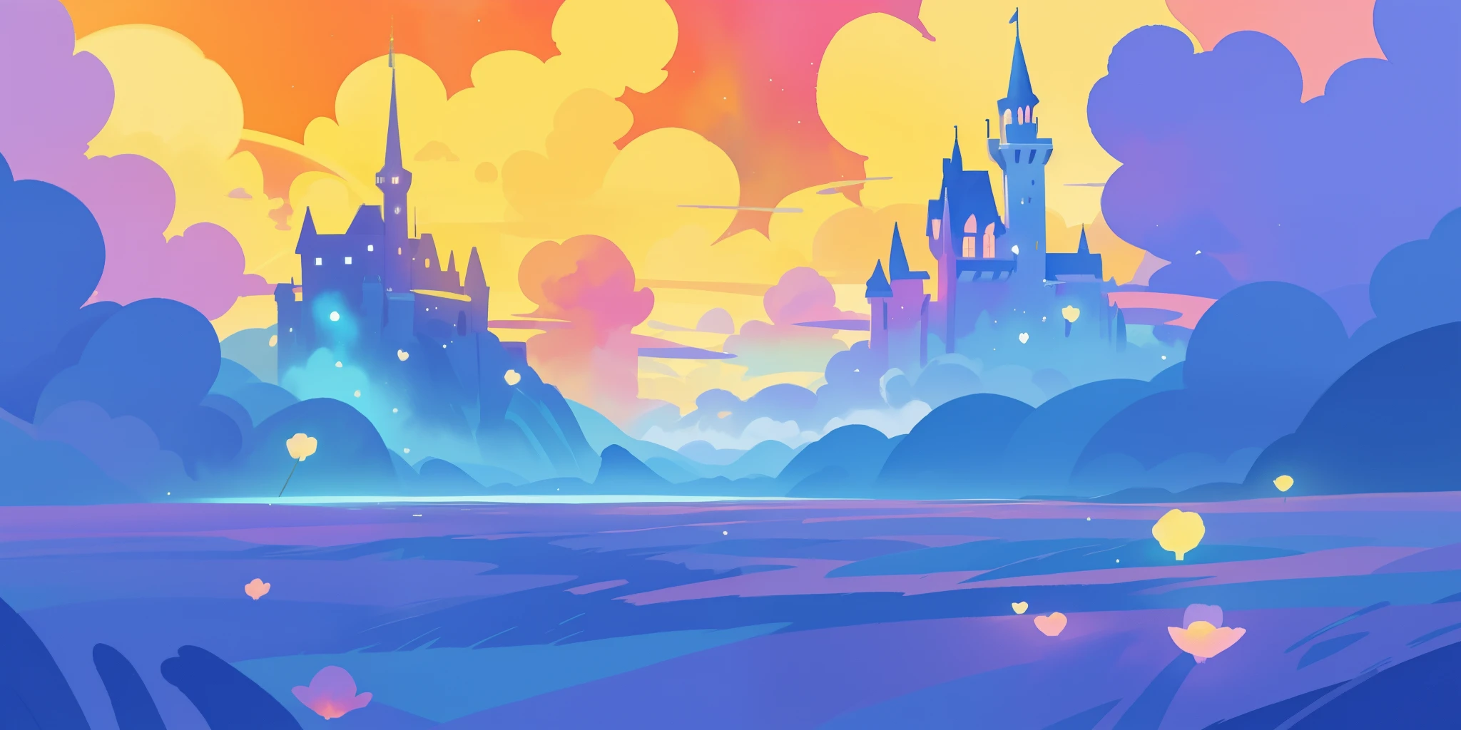 beautiful fantasy landscape, vibrant colors, (((otherworldly landscape))), whimsical landscape, cloud castle, huge clouds, ocean of clouds, watercolor illustration, disney art style, glowing lights, beautiful digital illustration, fantasia otherworldly landscape plants flowers, beautiful, masterpiece, best quality, anime disney style