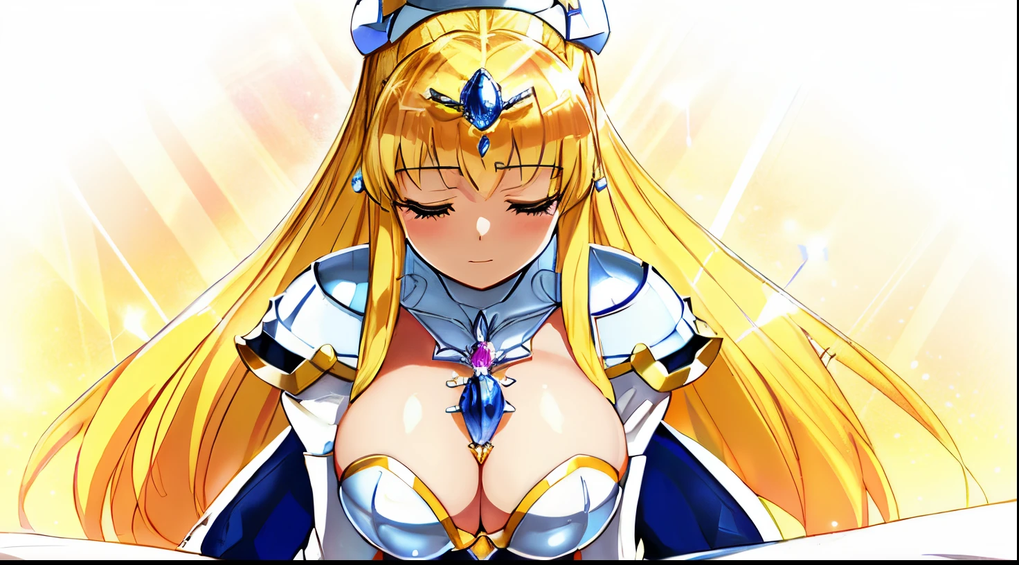 Close-up of a girl in a white dress costume with a sword, a blonde girl, portrait knights of zodiac girl, In shining sapphire armor, seductive princess knight, knights of zodiac girl, Dressed in light armor, oppai, huge tit, with large breasts, Dress Armor Girl, Princess Knight, Shiny sapphire armor, Glossy sapphire armor, princess intergalactica, Crystal Sapphire Armor, Sapphire Princess, Princess Knight, Sapphire reflective armor, rei hino as a princess, digital manga art, magical girl anime mahou shojo, smooth anime cg art, High Quality Anime Art Style,