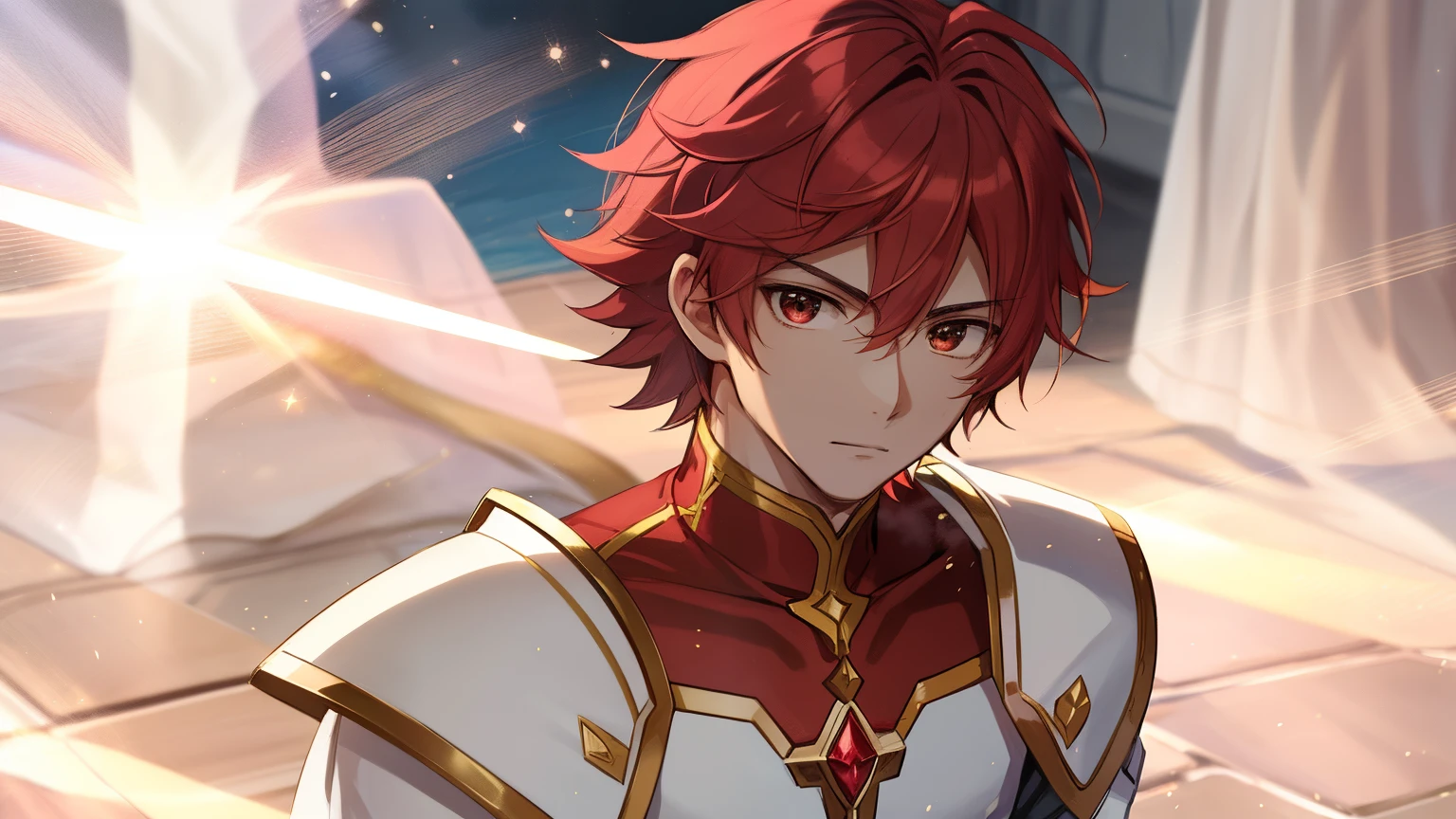 Close-up of a boy in a white dress costume with a sword, Knight of Zodiac Boy, Portrait Knight of Zodiac Boy, Boy with short red hair, Boy with brown eyes, Muscular men, masculine and muscular, Shining ruby armor, Enchanting Prince Night, Dressed in light armor, Dress Armor Boy, Shiny ruby armor, Galactic Prince, Crystal Ruby Armor, Hymns to the King as a Prince, High quality anime art style, smooth anime cg art, Prince Knight, digital manga art, Magical Boy Anime Mahou Shōnen, Prince of Ruby, Ruby reflective armor